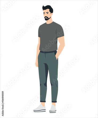 Vector illustration on a white background. A man in a gray T-shirt and dark trousers, a confident pose, hands in pockets.