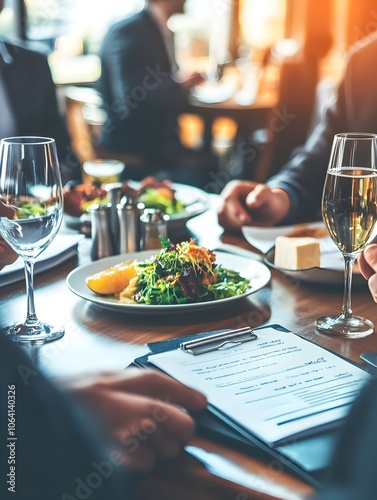A casual business lunch with two professionals discussing ideas, notebooks and documents on the table, in a modern restaurant.