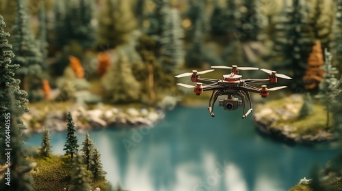 High-detail Images of Paper-crafted Drone Models Flying over Miniature Scenic Landscapes photo