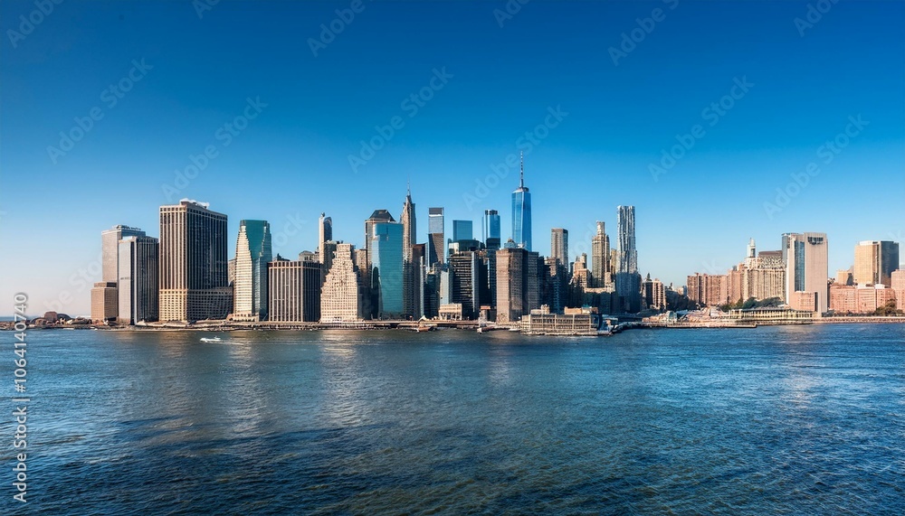 Fototapeta premium Manhattan skyline featuring iconic skyscrapers and waterfront on a clear day.