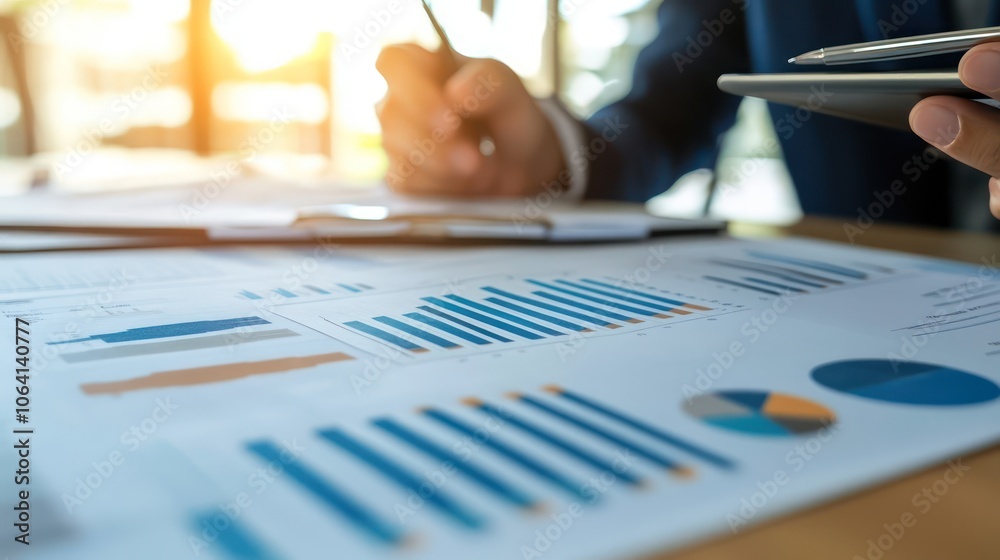 financial documents and performance metrics on a desk while a professional reviews detailed financial reports financial documents and performance metrics on a desk while a professional reviews detailed financial reports