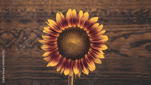 Sunflower with geometric, faceted center and textured wood background in warm tones photo