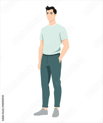 Vector illustration on a white background. A man in a green T-shirt and dark trousers, a confident pose, hands in pockets.