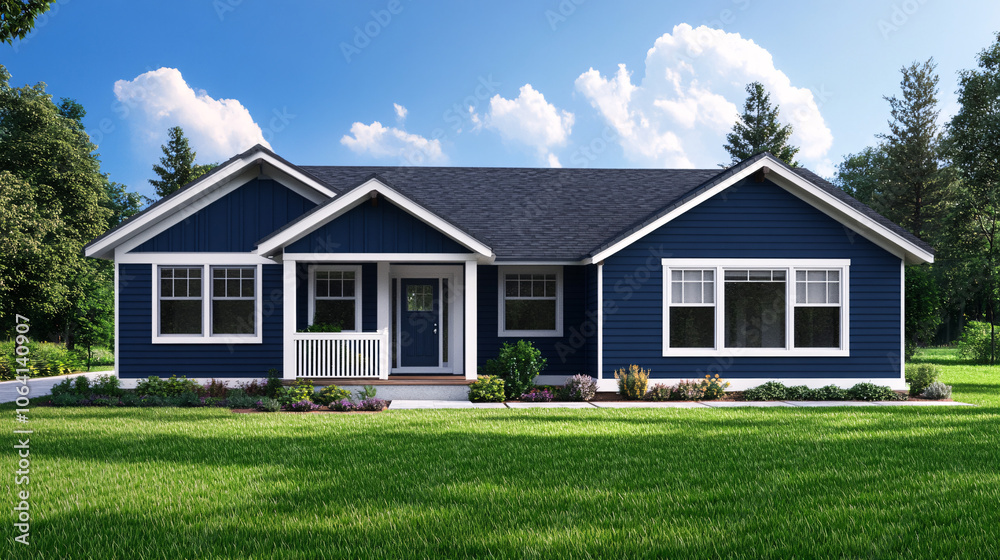 modern blue suburban home with green grass lawn and a blue door modern blue suburban home with green grass lawn and a blue door