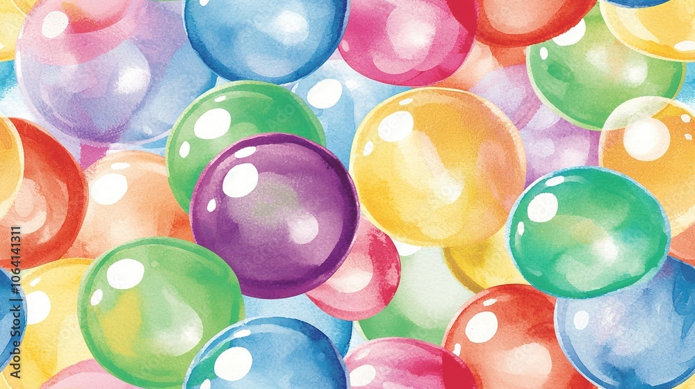 A painting of colorful balloons floating in mid-air with a vibrant rainbow in the corner below A painting of colorful balloons floating in mid-air with a vibrant rainbow in the corner below
