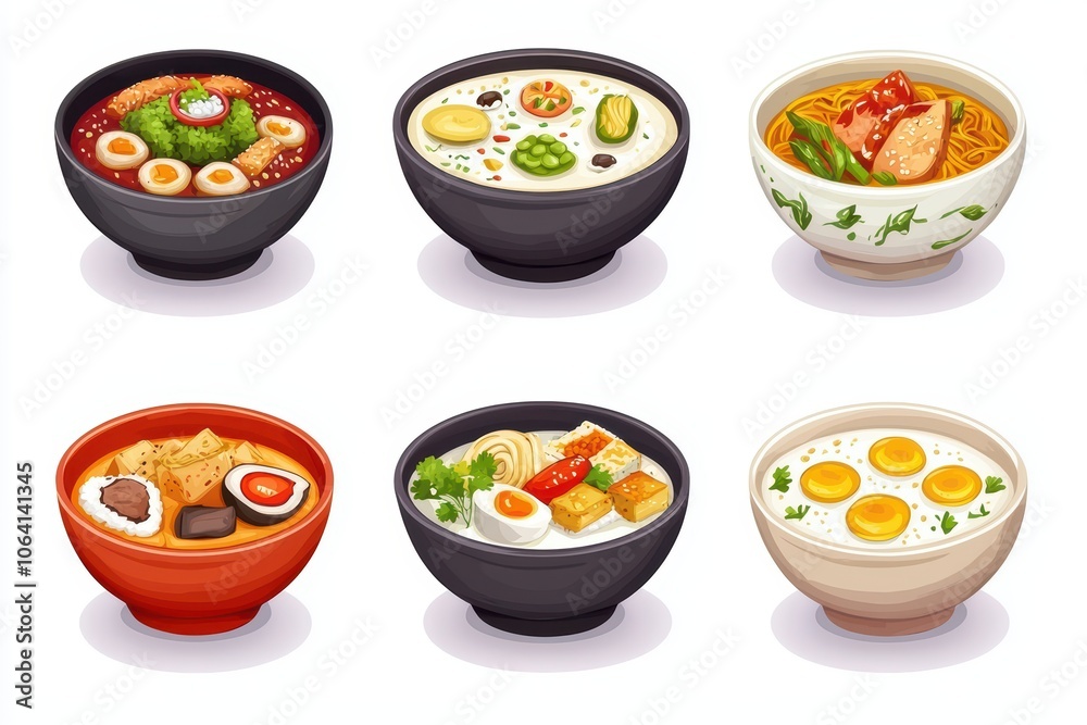 Assorted bowls of delicious ramen with various toppings and broth, white isolate background. Assorted bowls of delicious ramen with various toppings and broth, white isolate background.