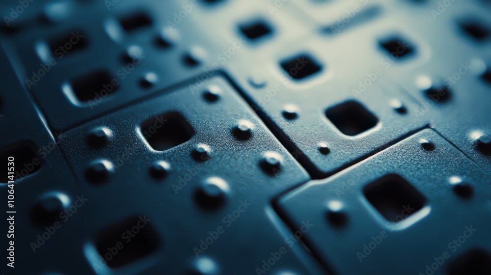 Close-up of a textured metal surface with repeating square patterns and small holes. Close-up of a textured metal surface with repeating square patterns and small holes.