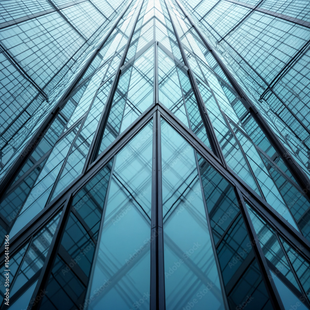 Obraz premium a tall building with a glass facade, viewed from below. The building has a central glass atrium, and the perspective is from the bottom of the building looking up.