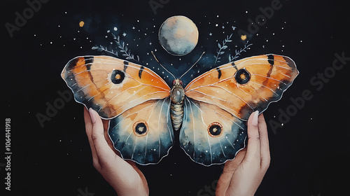 Hand holding mystical night butterfly with moon, stars. meditation manifesting ritual with cosmos space moth. watercolor beautiful secret esoteric illustration. Mystical. Illustration