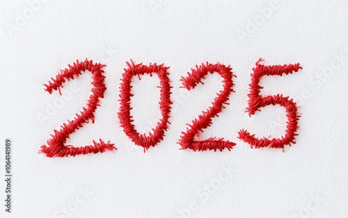 2025 Stitched Fabric Number "2025" appearing as if stitched with thread onto fabric, adding a crafty and handmade touch on a white background. 