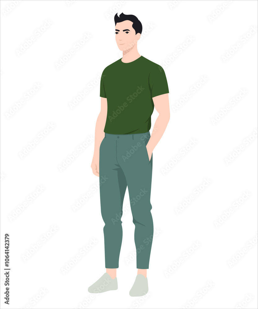 Vector illustration. A young man in a green t-shirt and light gray sports style pants. A simple but dynamic image for an active lifestyle. Vector illustration. A young man in a green t-shirt and light gray sports style pants. A simple but dynamic image for an active lifestyle.