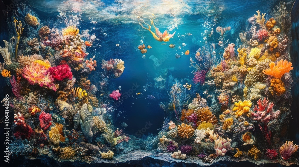 Fototapeta premium A vibrant coral reef teeming with life, a diver explores the underwater world.