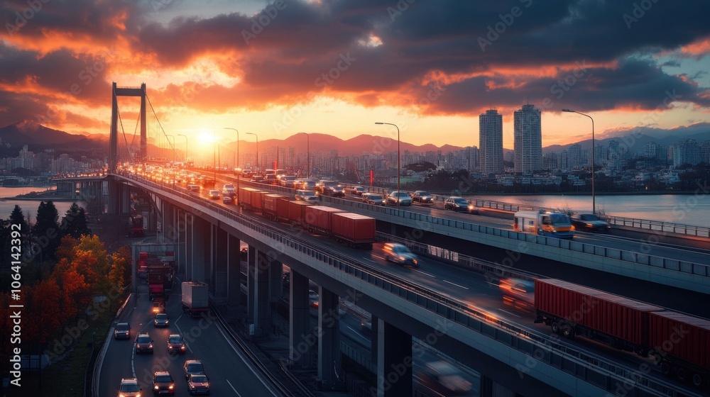 Sunset over Expansive Bridge Connecting Two Cities