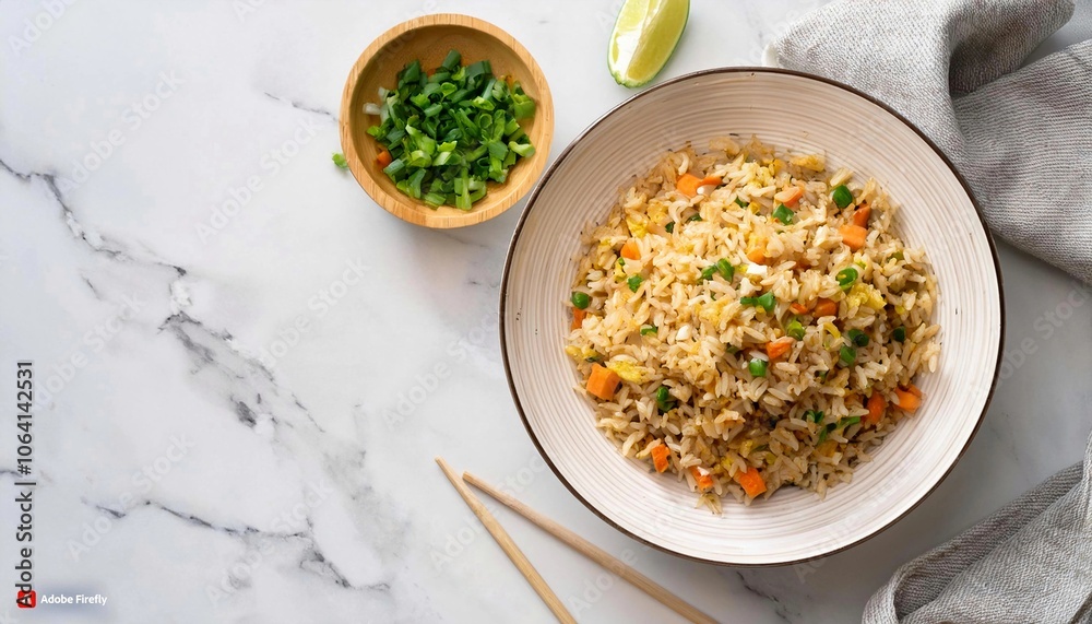 Homemade fried rice, overhead view on a white marble ceramic background Homemade fried rice, overhead view on a white marble ceramic background