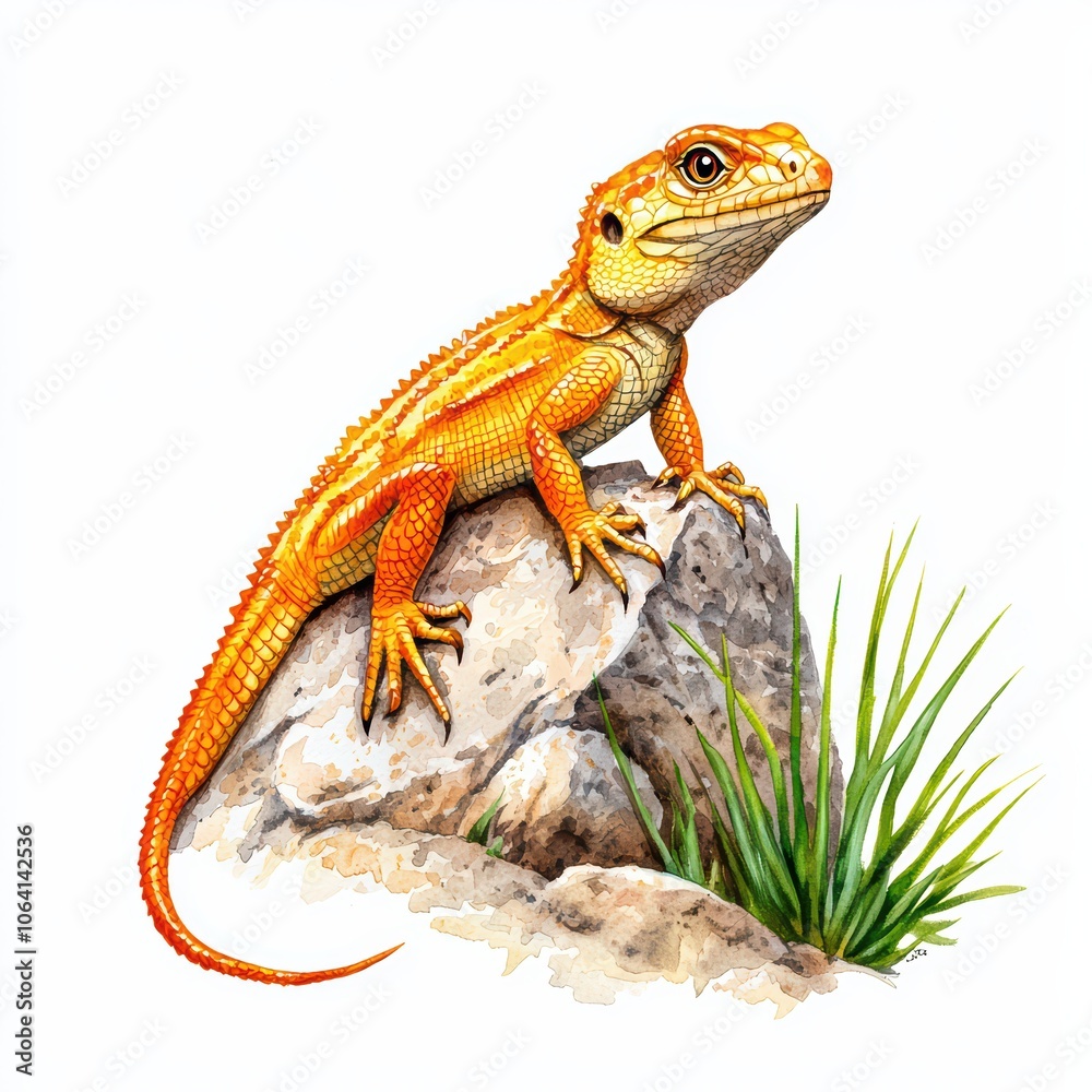 Naklejka premium Colorful lizard perched on a rock surrounded by grass, white isolate background.