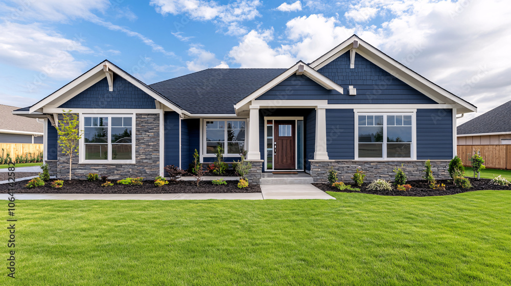Obraz premium blue modern suburban home with green grass and landscaping