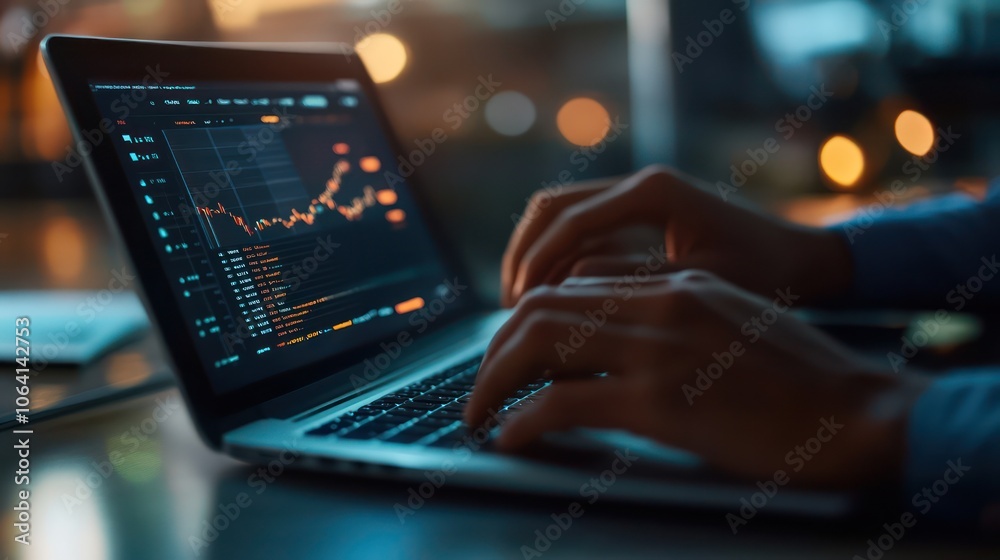 hands typing on a laptop with financial data displayed on screen hands typing on a laptop with financial data displayed on screen