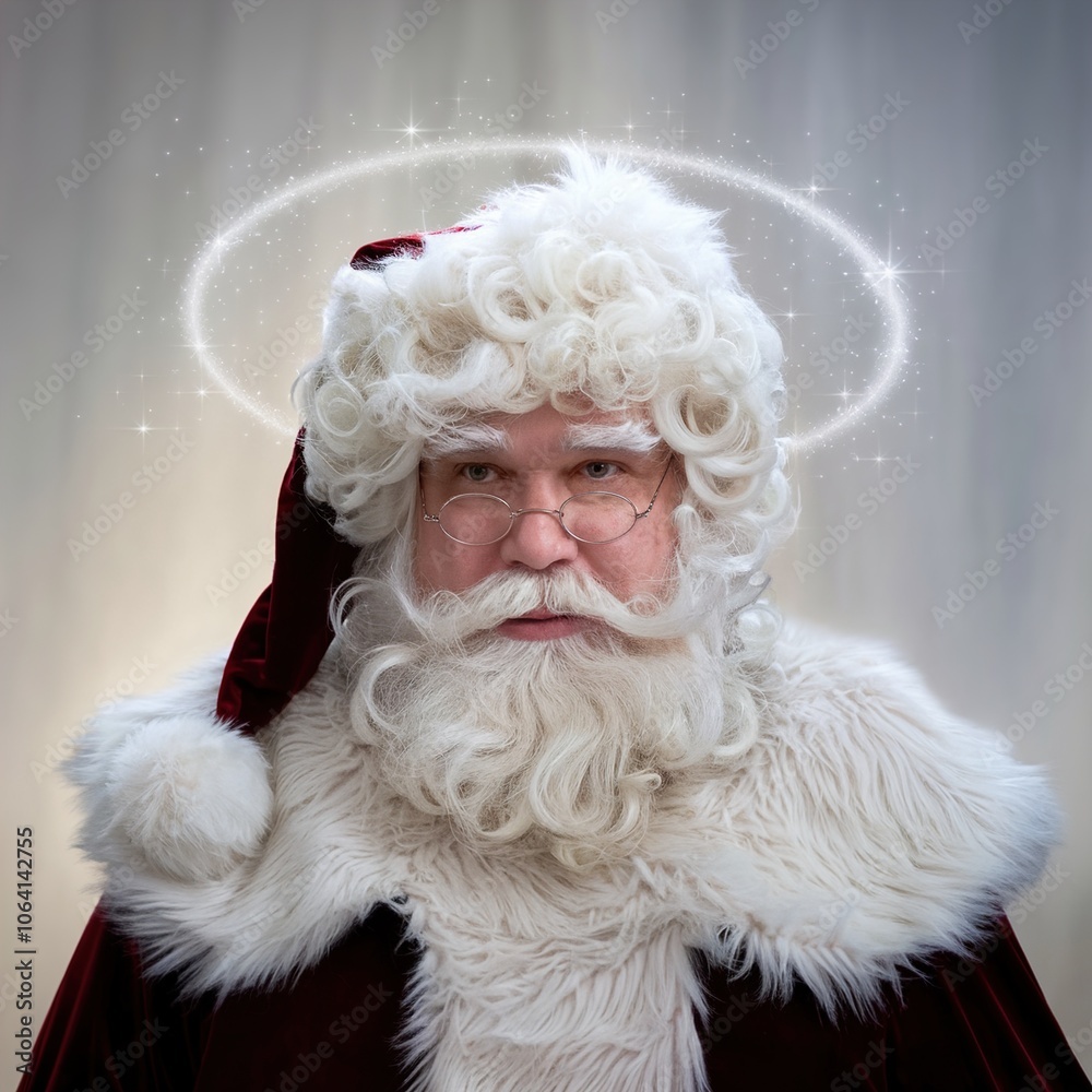 Obraz premium A serious portrait of Saint Nicholas (Santa Claus) with a majestic white beard, glasses, and a glowing halo symbolizing the Christmas legend.