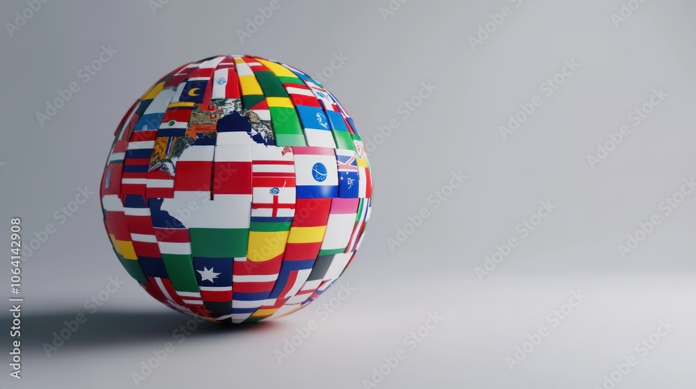 A 3D globe made of different flags of the world against a white background. A 3D globe made of different flags of the world against a white background.