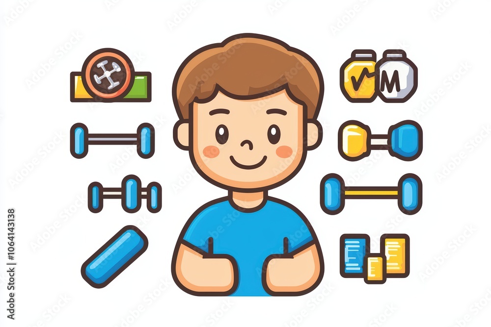 Cute illustration of a young man with various gym equipment, ideal for promoting fitness and wellness. Cute illustration of a young man with various gym equipment, ideal for promoting fitness and wellness.