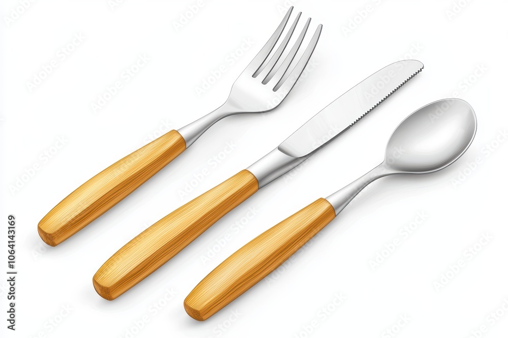 Cutlery set including knife, fork, and spoon with wooden handles, white isolated background. Cutlery set including knife, fork, and spoon with wooden handles, white isolated background.