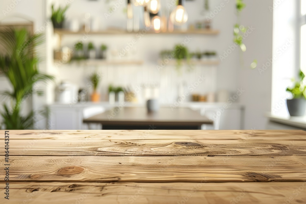Close-up view of a rustic wooden table top with a blurred background of a modern kitchen. Close-up view of a rustic wooden table top with a blurred background of a modern kitchen.