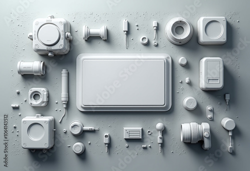 grey white tech elements convey modern communication concept innovative design featuring empty spaces text photo