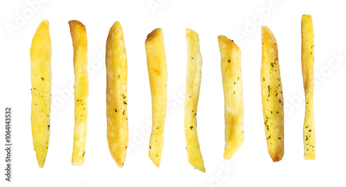 Collection of delicious French fries sticks with isolated background