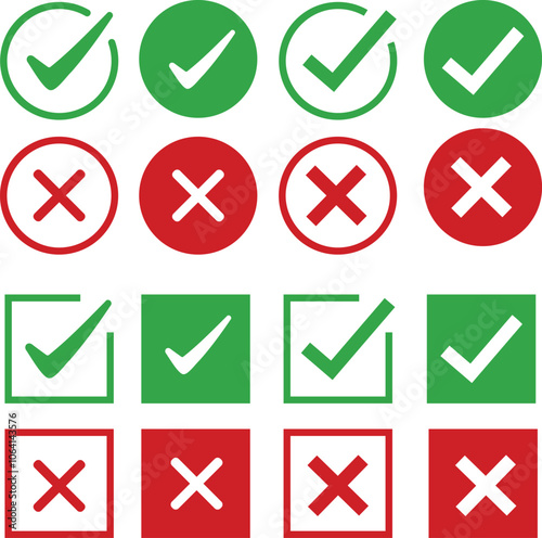 Check marks icon button set. Red green Check box icon with right and wrong buttons,  yes or no checkmark icons in green tick box and red cross Checkmark symbol, right and wrong sign isolated on white.
