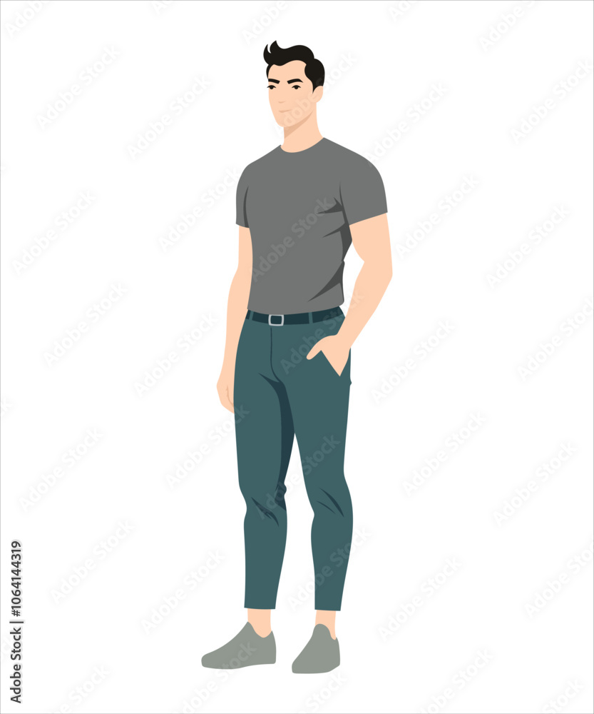 Vector illustration on a white background. A man in a gray T-shirt and dark trousers, a confident pose, hands in pockets. Vector illustration on a white background. A man in a gray T-shirt and dark trousers, a confident pose, hands in pockets.