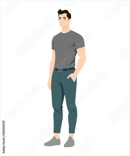 Vector illustration on a white background. A man in a gray T-shirt and dark trousers, a confident pose, hands in pockets.