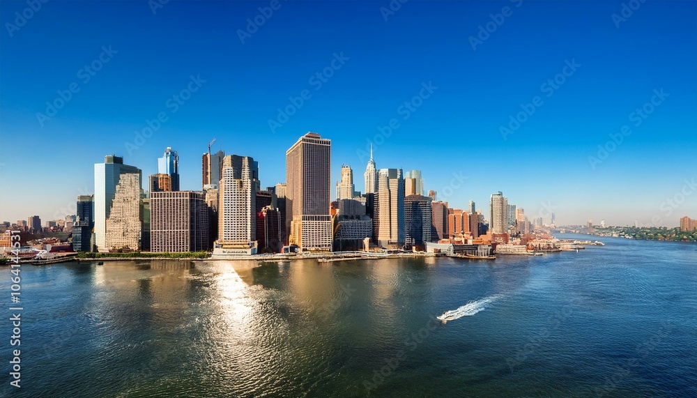 Fototapeta premium New York City skyline with skyscrapers and waterfront on a clear day.