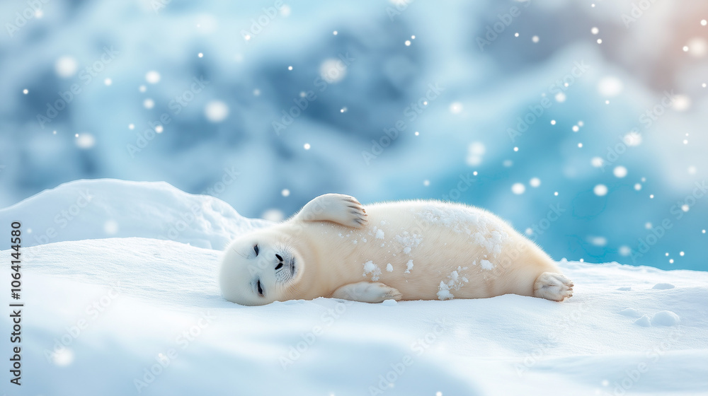 A baby seal naps on a bed of snow, covered in snowflakes. A baby seal naps on a bed of snow, covered in snowflakes.