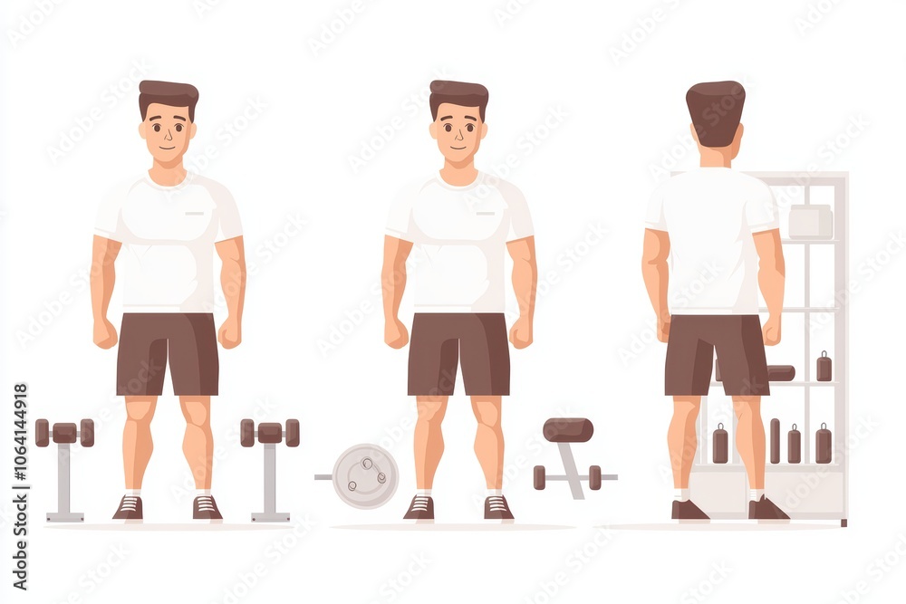 Fototapeta premium Illustration of a male character in a gym setting, showcasing fitness equipment and exercises.