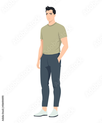 Vector illustration on a white background. A man in a light beige T-shirt and gray trousers, a relaxed pose emphasizing his confidence and style.