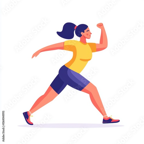 Illustration of a woman running in sportswear, energetic pose, white isolate background.