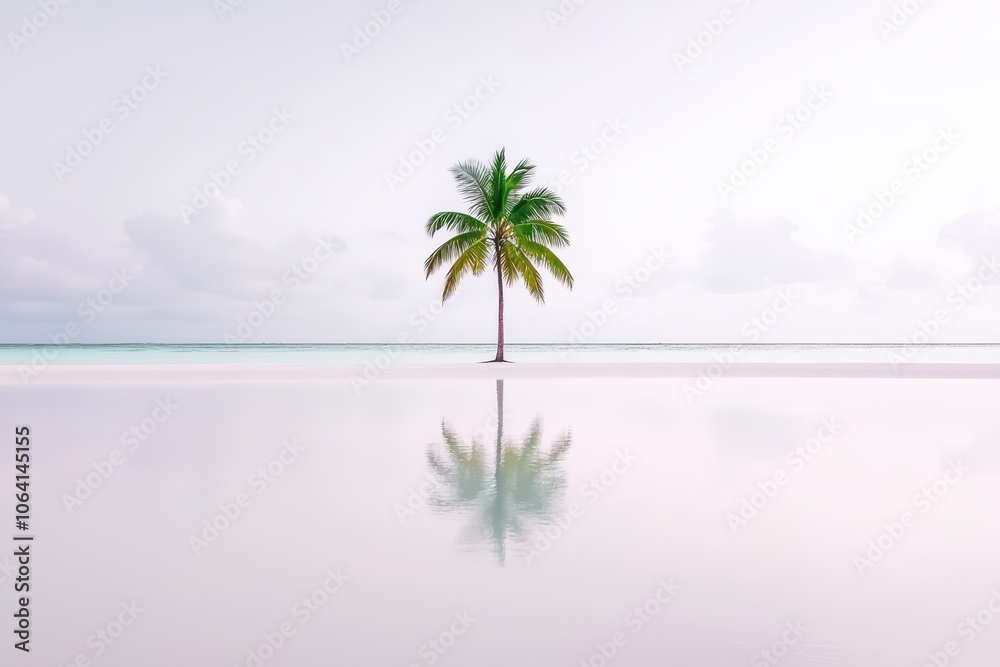 Lone palm tree reflecting on serene water, minimalistic and tranquil scene. Lone palm tree reflecting on serene water, minimalistic and tranquil scene.