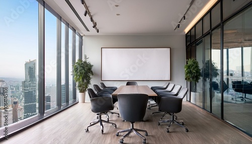 Office meeting interior with board and armchairs, panoramic window. Mockup wall