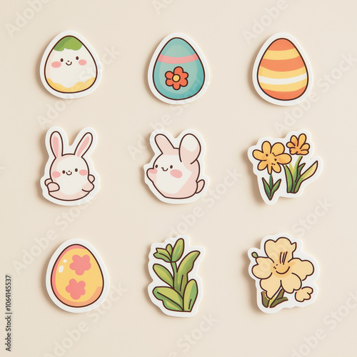Cute Easter stickers with bunnies, eggs, and flowers.