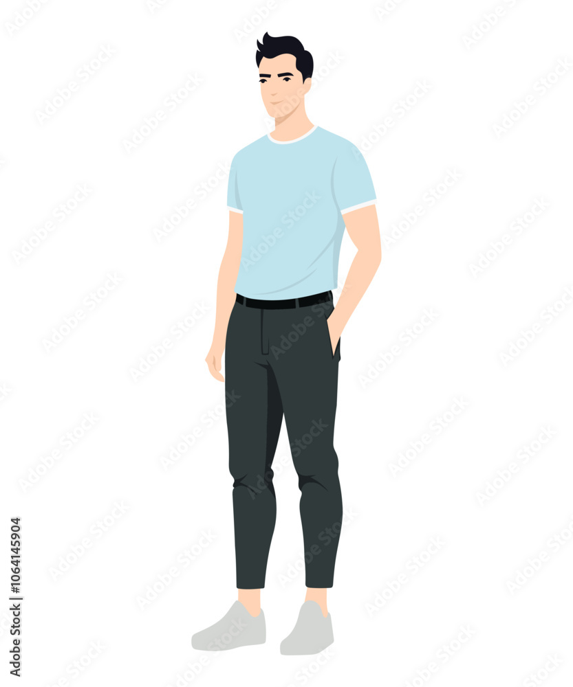 Vector illustration on a white background. A man in a blue T-shirt and dark green trousers. Vector illustration on a white background. A man in a blue T-shirt and dark green trousers.
