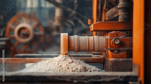 Close-up of a industrial machine with a pile of white powder beneath it.