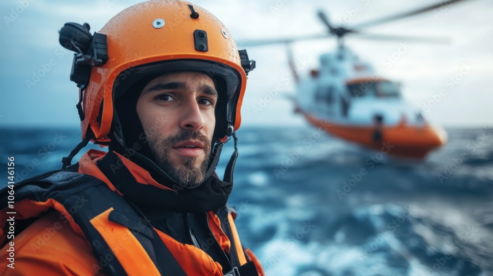 Man in Orange Helmet During Rescue Operation at Sea Man in Orange Helmet During Rescue Operation at Sea