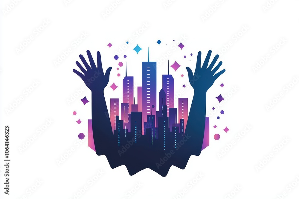 Silhouette of raised hands against a colorful city skyline, showcasing creativity and urban life. Silhouette of raised hands against a colorful city skyline, showcasing creativity and urban life.