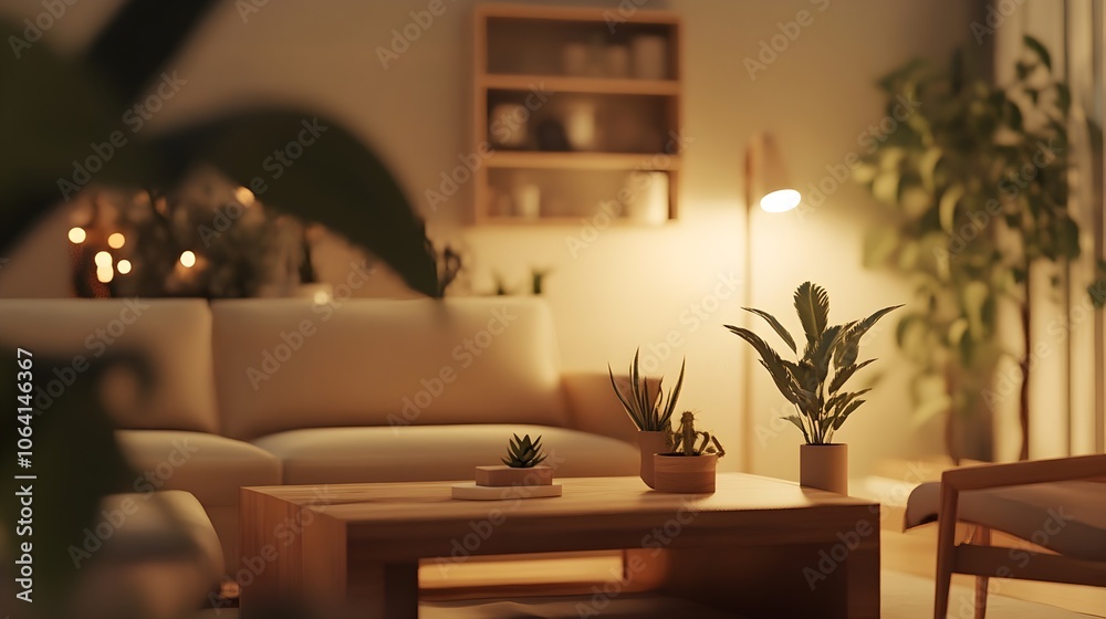 A cozy, minimalist living room with soft lighting, natural textures, and neutral tones, featuring plants and light wood furniture. A cozy, minimalist living room with soft lighting, natural textures, and neutral tones, featuring plants and light wood furniture.