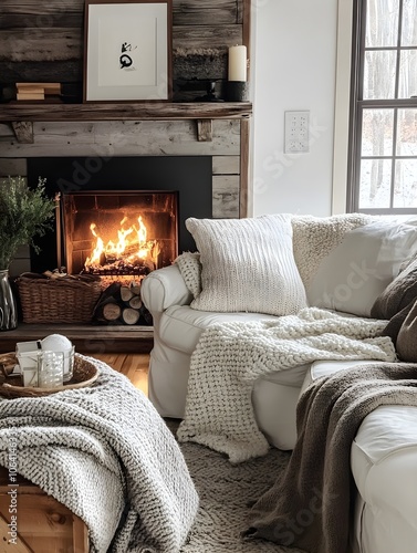 A cozy living room with thick wool blankets, pillows, and a fire roaring in the fireplace, creating a warm haven from the cold. photo