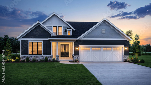 modern suburban home with white garage door at dusk