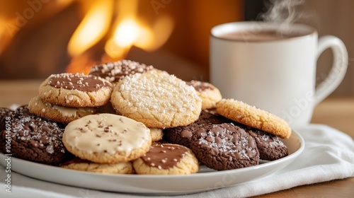 Festive plate of Christmas cookies with a hot chocolate mug, fireplace glowing warmly in the background, cozy scene