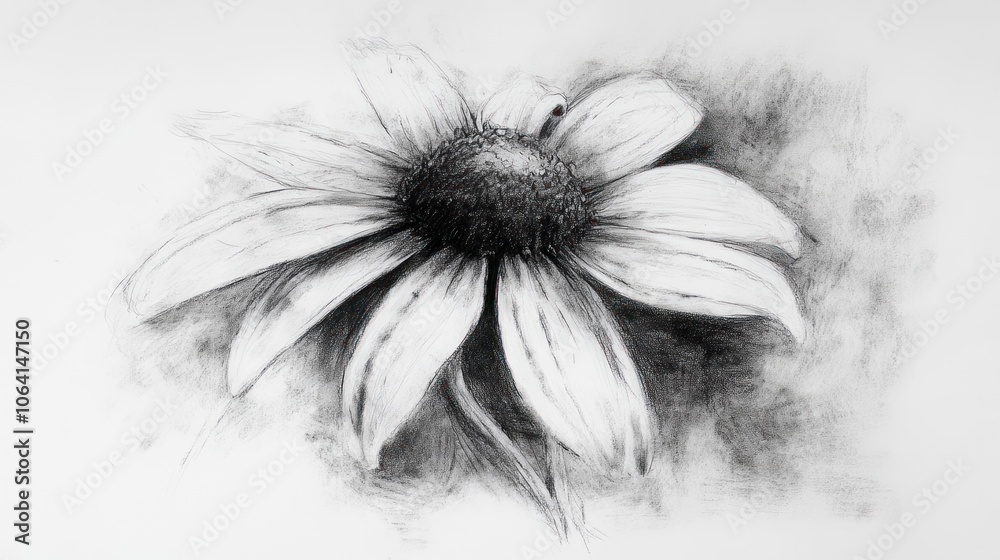 Obraz premium A detailed black and white pencil sketch of a single flower with eight petals, with a shaded background.