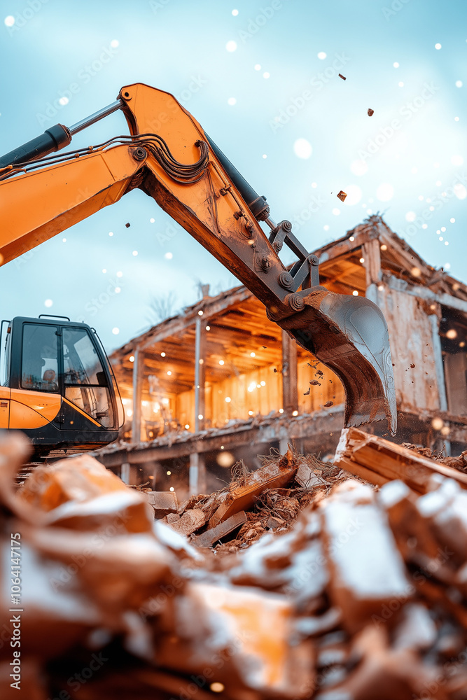 A yellow excavator arm reaches out to demolish a building, debris flying in the air. A yellow excavator arm reaches out to demolish a building, debris flying in the air.