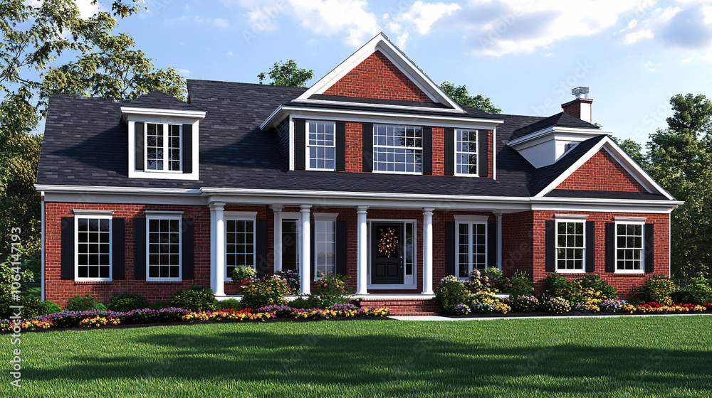 Obraz premium beautiful brick suburban home with lush landscaping and a wreath on the door